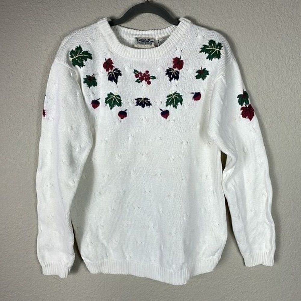 Northern Reflections Knit Ivory White Harvest Fall Leaves Sweater Crewneck Sz S